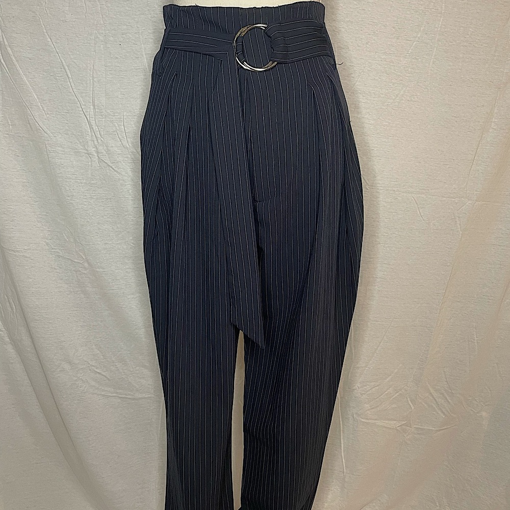 Navy Blue Belted Wide Leg Pinstripe Pants